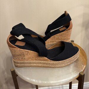 Tory Burch Cork Wedge Espadrilles Heels Black and Neutral Size 9